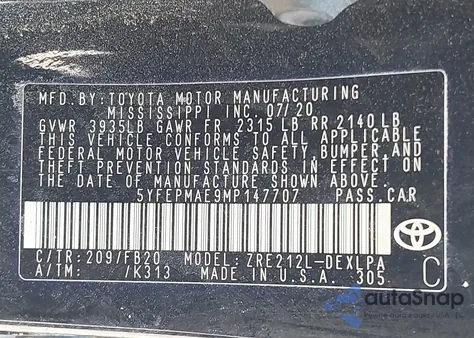 2021 Toyota Corolla Le z USA, uszkodzony, nr VIN 5YFEPMAE9MP147707